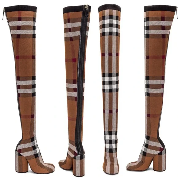 NIB Burberry 36 Anita Knit Check Over-the-Knee Thigh High Stretch Boots in Brown - Picture 3 of 17
